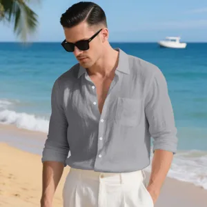 Men casual loose linen long sleeve lapel shirt, solid color beach wear for autumn season.