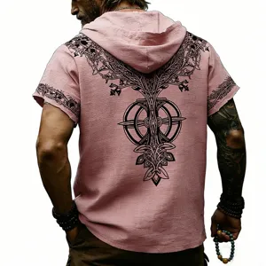 Camisa hombre verano lino con capucha manga corta estampado runas vintage holgada
