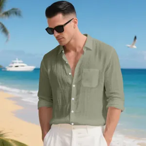 Casual mens long sleeve linen shirt with lapel collar and chest pocket for beach holiday style.