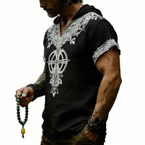Camiseta hombre manga corta con capucha de lino estampado runa retro detalle vista