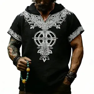 Camisa de lino con capucha para hombre manga corta con estampado runas vintage, top.