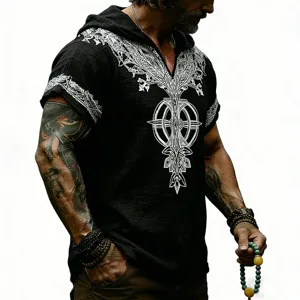 Camiseta lino hombre manga corta capucha grafico runico vintage top verano casual