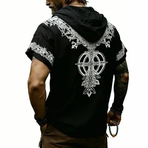 Camiseta negra de lino con capucha y manga corta para hombre con gráfico de runas