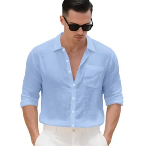 Men's casual long sleeve linen shirt vintage loose button down summer beach tops.