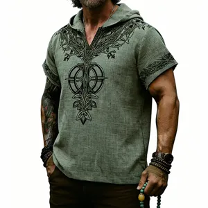 Camisa de hombre lino vintage estampado arbol runico nordico con capucha manga corta