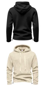 Detailansicht des schweren Herren Fleece Kapuzenpullis mit verstellbarem Kordelzugsaum.
