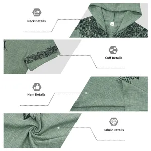 Men's Viking tree of life slub linen hooded shirt detail view featuring unique print