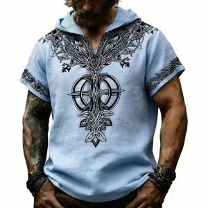 Camiseta hombre manga corta con capucha lino verano estampado grafico runas streetwear