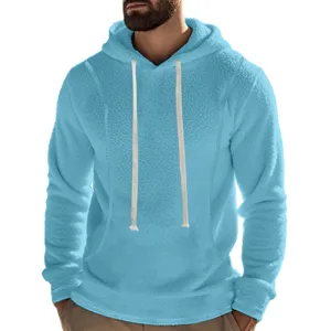 Herren schwerer Fleece-Kapuzenpullover in Hellblau mit verstellbaren Kordelzügen für Freizeit.