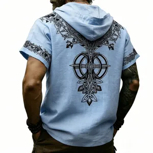 Sudadera de lino de manga corta para hombre con estampado runico, detalle de la espalda.