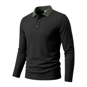 Men's casual long sleeve polo shirt detail view, breathable lapel knit top for spring.