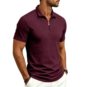 Men's vintage grid short sleeve zip polo shirt, casual business slim fit summer top.
