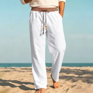 Men's casual loose linen beach pants featuring ethnic style waistband and adjustable drawstring.