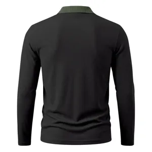 Back view detail of mens long sleeve polo shirt with ribbed contrast collar in black.