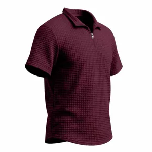 Men's burgundy waffle knit short sleeve polo shirt with zipper stand collar casual style.