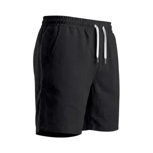 Pantalón corto casual negro de hombre con textura de lino y cordón elástico para verano.