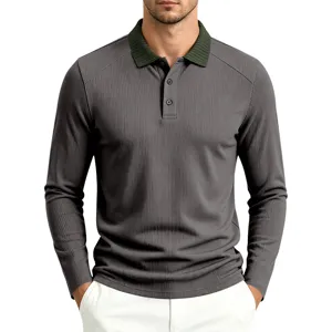 Close-up detail of mens long sleeve polo shirt, ribbed collar and button placket design.