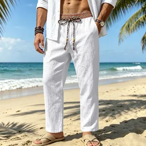Men casual linen beach pants loose fit straight trousers ethnic drawstring summer vacation