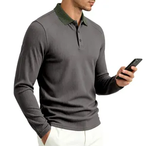 Detailed shot of men's long-sleeve polo shirt with contrast ribbed collar and texture.