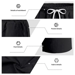 Pantalón corto casual negro para hombre con textura de lino, cintura elástica y cordón.