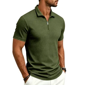 Men's green waffle knit short sleeve polo shirt with zipper stand collar casual summer top.
