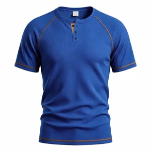 Men's blue waffle knit henley short sleeve t-shirt featuring stylish contrast stitching.