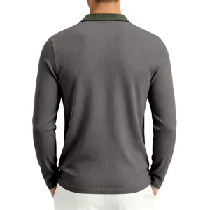 Men's long sleeve knit polo shirt with contrast ribbed lapel, casual autumn wear detail.