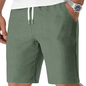 Primer plano de los pantalones cortos de verano casuales de lino para hombre con cordón ajustable.
