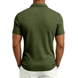 Men's green textured grid short sleeve polo shirt detail view for casual summer style.