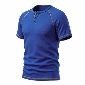 Waffle knit men's short sleeve Henley shirt detail view showcasing contrast stitching texture.