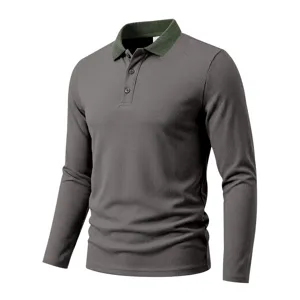 Men's long sleeve solid polo shirt detail, contrast ribbed collar design, casual top.