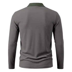 Men's long sleeve polo shirt back view, dark grey knit fabric with olive green collar.