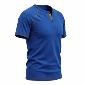 Detailed view of a blue waffle knit short sleeve henley shirt with contrast stitching.