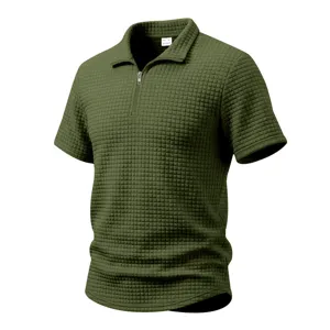 Men's green waffle knit short sleeve polo shirt with half zipper lapel design casual top.