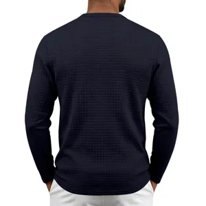 T-shirt manches longues texturé en tricot gaufré bleu marine pour homme au quotidien.