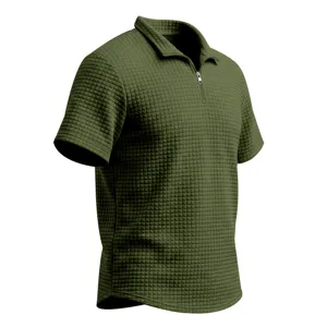 Men's waffle knit short sleeve polo shirt detail, textured grid pattern, half zip collar.