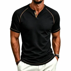 Men's waffle knit short sleeve Henley T-shirt with contrast stitching for summer wear.