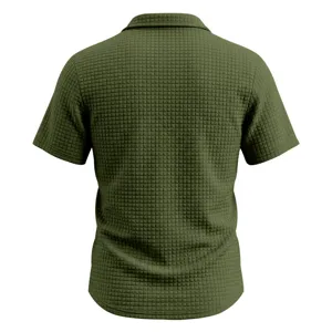 Detailed back view of men's green waffle knit short sleeve polo shirt textured design.