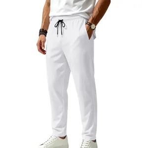 Men's white quick-dry casual straight pants detail showing breathable fabric and drawstrings.