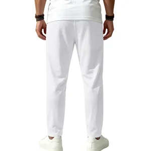 Men's white casual straight trousers back view detail showing breathable quick-dry fabric.