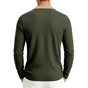 Men's dark green long sleeve polo shirt back detail view with contrast ribbed collar