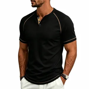 Men's waffle knit short sleeve henley t-shirt detail showing contrast raglan design and buttons.