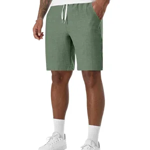 Vista detallada pantalón lino hombre casual, ropa playa verano transpirable con cordón ajustable.