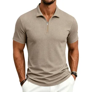 Men short sleeve knit polo shirt, textured grid pattern, casual business detail view.