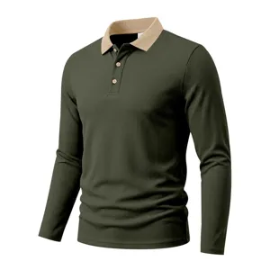 Detailed view of the dark green long-sleeve polo shirt featuring a contrast khaki collar.