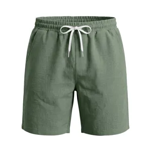 Pantalones cortos casuales textura lino hombre verano playa vacaciones cordón verde detalle