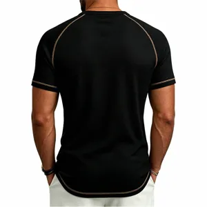 Men's black waffle knit raglan short sleeve t-shirt, detailed back view showing contrast stitch.
