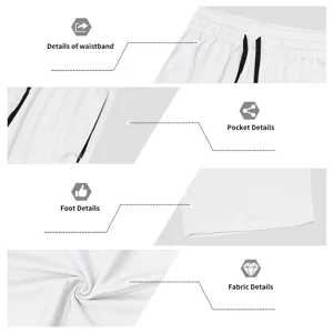 Men's white athletic shorts detail view showing waistband, pockets, and breathable fabric.