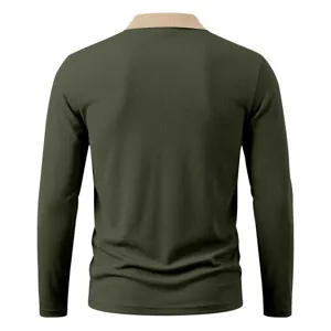 Detailed back view of men's long sleeve polo shirt, ribbed collar design, premium fabric.