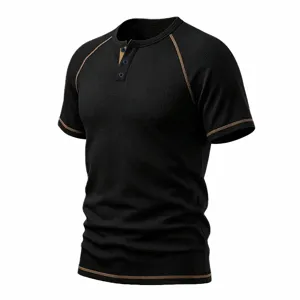 Close-up detail of the black waffle knit short sleeve henley shirt with contrast brown stitching.